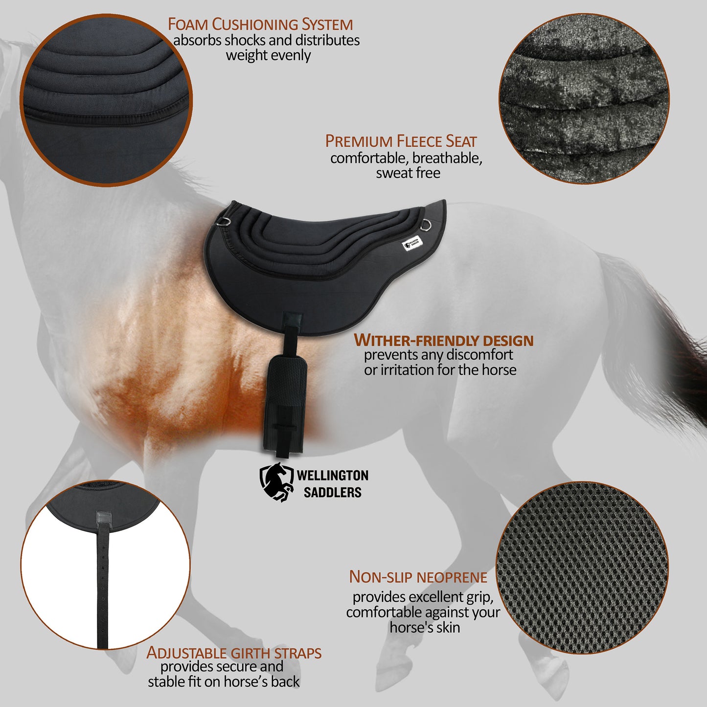 Horse Saddle Pads- Bareback Pad-Black with Girth