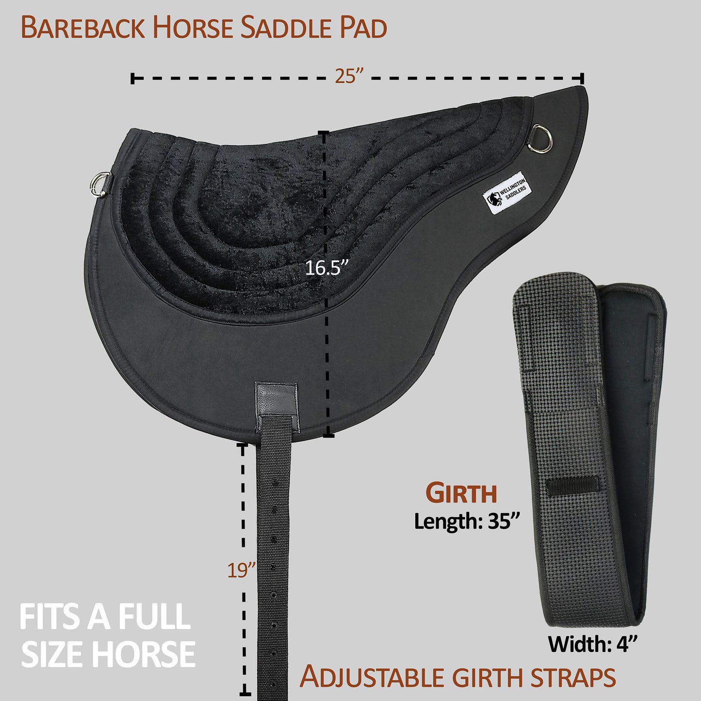 Horse Saddle Pads- Bareback Pad-Black with Girth