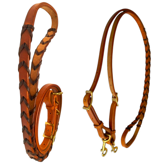 Horse Reins,  3/4" wide Oiled Leather Barrel Reins with Latigo Laced Braids, Brown